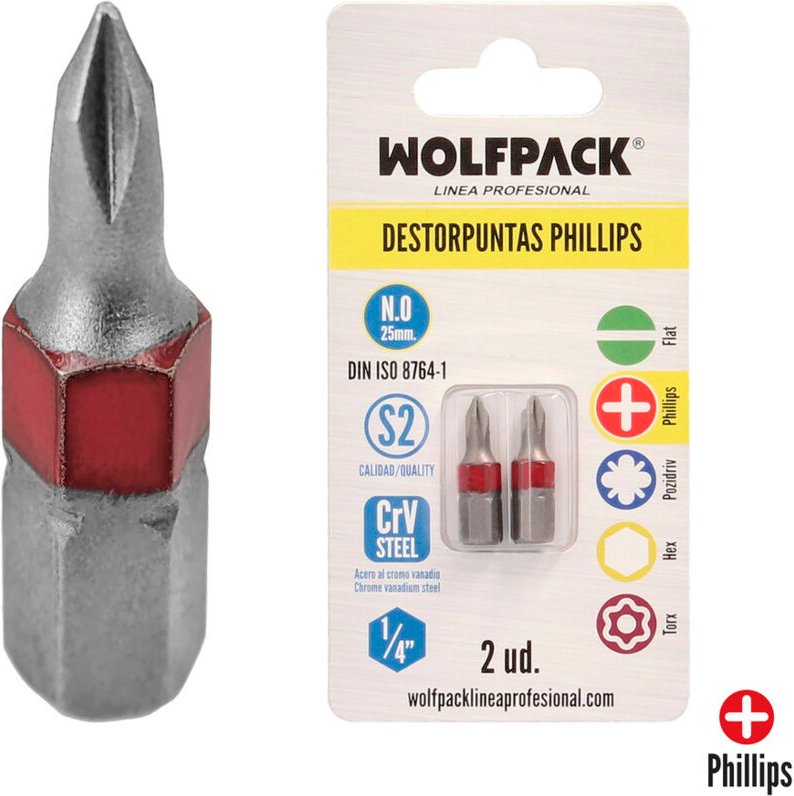 Wolfpack - linea profesional Lange Bits Phillips-Schraubendreher Nr. 0 (2 St.). Chrom-Vanadium-Stahl S2. Sechskant-Bits,...