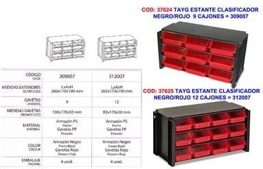 Schwarzes und rotes Sortierregal mit 12 Schubladen 312007