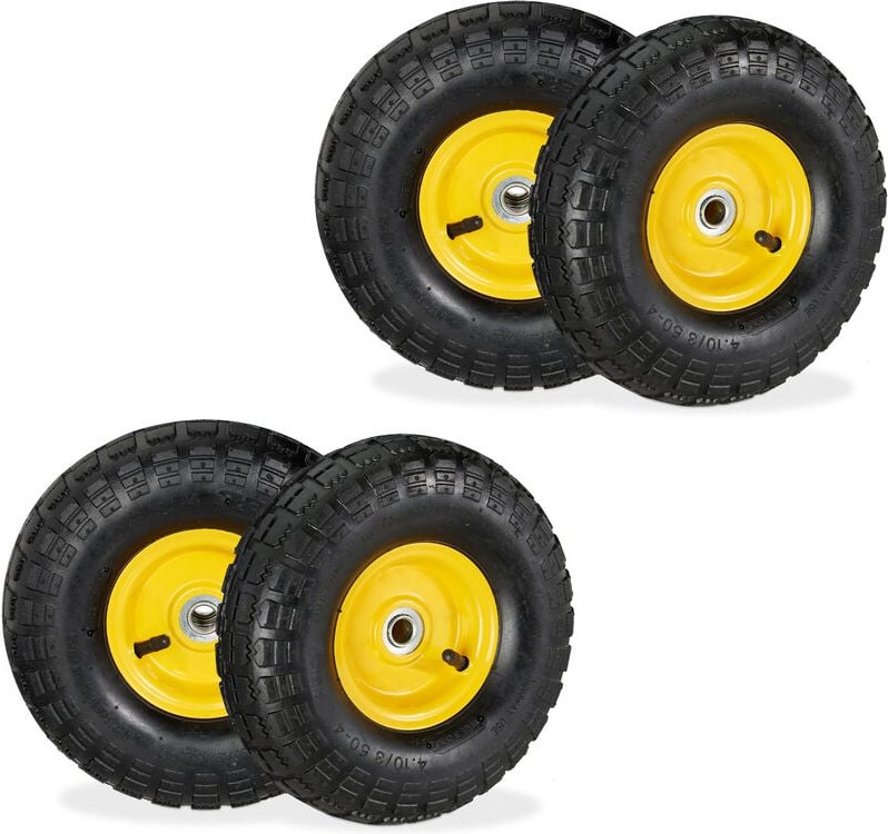 Sackkarrenrad 4er Set, 4.10 3.50-4, luftbereift, Stahlfelge, 136 kg, Schubkarrenrad, Ersatzrad, schwarz/gelb - Relaxdays