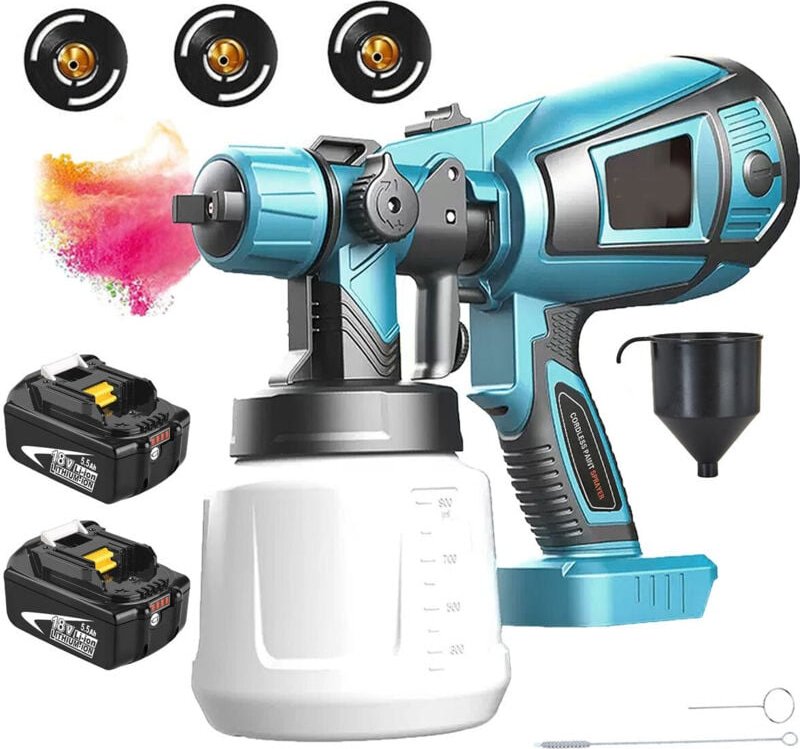 Spritzpistole, 1000ml hvlp Akku Spritzpistole, Airless Spritzpistole+2x 5500mAh Akku (ohne Ladegerät, kompatibel mit Mak...