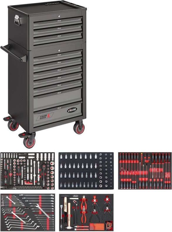 Werkstattwagen Series l, mit Sortiment und Aufsatzkoffer, Anzahl Werkzeuge: 344 - Vigor