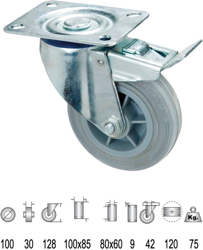 Industrielles Rad aus grauem Gummi mit Bremse 100 mm.