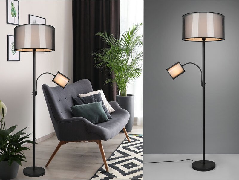 Led Stehleuchte mit Leselicht & Stoff Organza Schwarz innen Weiß, 174cm