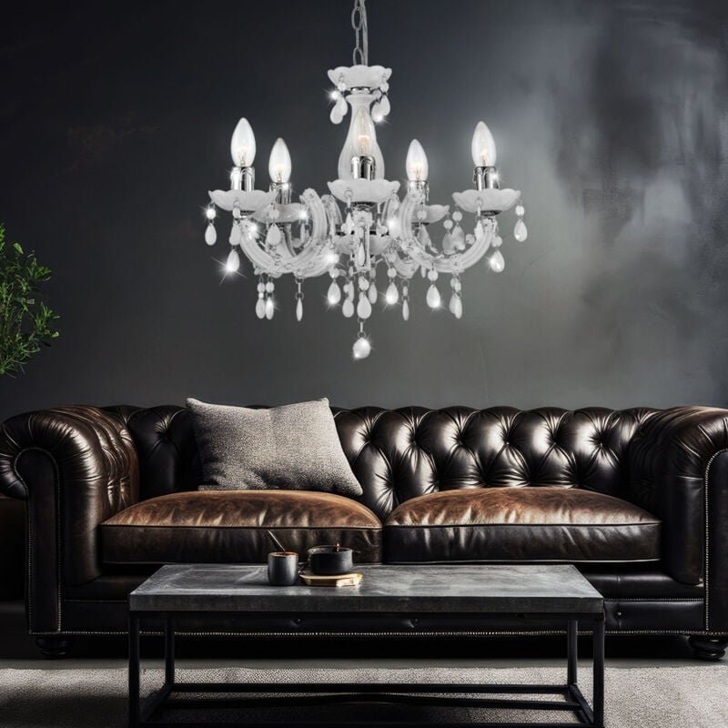 Thumbnail - Kronleuchter weiß Wohnzimmerlampe klassisch Deckenleuchte 5-flammig, Designlampe Acryl Kristalle Lüster, Metall chrom, 5...