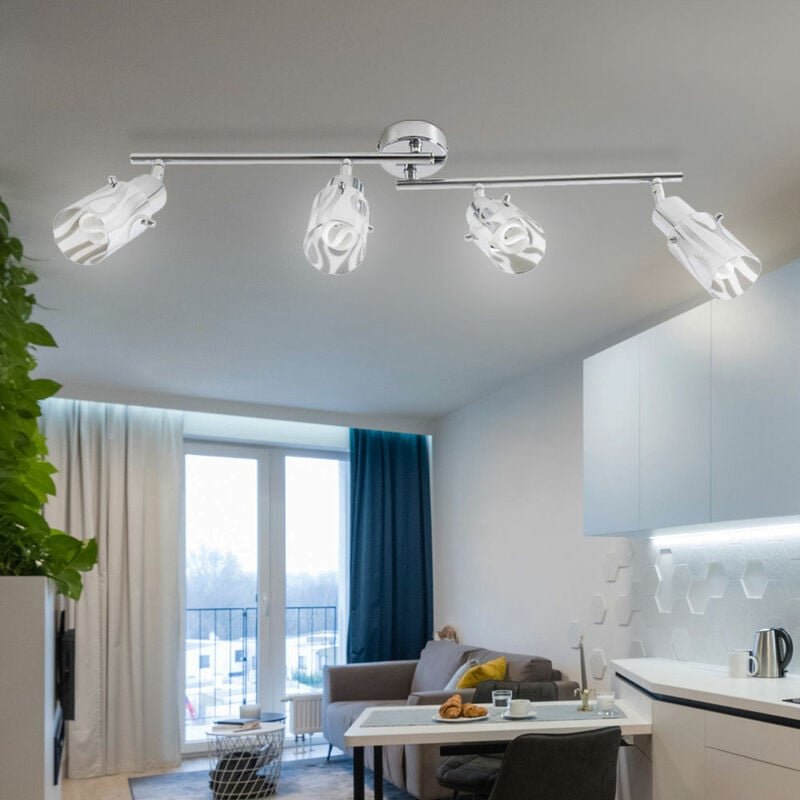 Deckenstrahler Deckenleuchte Wohnzimmer Spotleiste, bewegliche Strahler, Glas Chrom opal, 4x E14 Fassungen, LxH 69x12,5c...