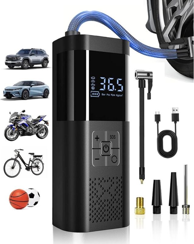 Tragbarer Luftkompressor 150 PSI, Manometer + LED, Zubehör für Männer, Auto/Motorrad/Fahrrad.