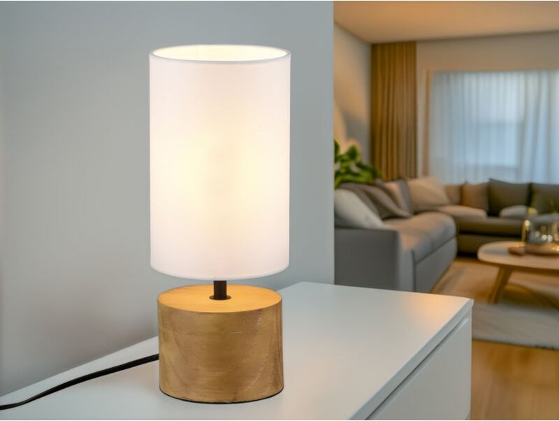 Tischleuchte woody Holzfuß mit Stoffschirm in Weiß, Höhe 30cm