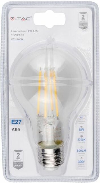 V-tac - E27 8W A65 LED-Glühbirne, warmweiß (Blisterpackung mit 1 Stück)