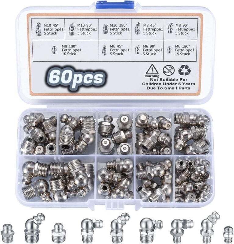 60-teiliges Sortiment an Schmiernippeln, Gewindeschmiernippel, M6, M8, M10 Schmiernippel, Außengewinde-Schmiernippel, ge...