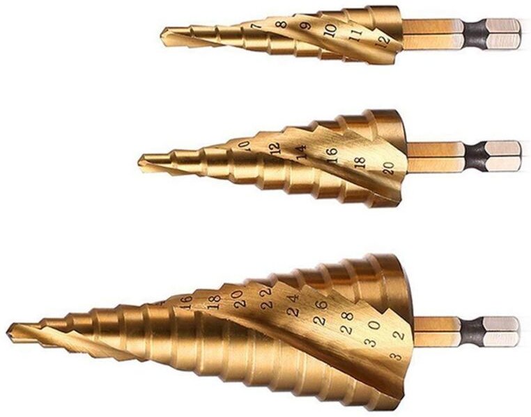 Stufenbohrer-Set, Spiralnut, Hochgeschwindigkeitsstahl, titanbeschichtet, 4 mm bis 12/20/32 mm Sechskantschaft, metrisch...