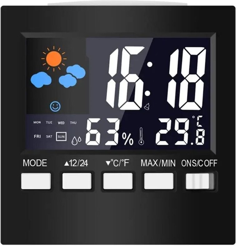 Digitales LCD-Thermometer, Wetterstation, Uhr und Wecker, Kalender, Hygrometer, Temperatur- und Luftfeuchtigkeitsanzeige...
