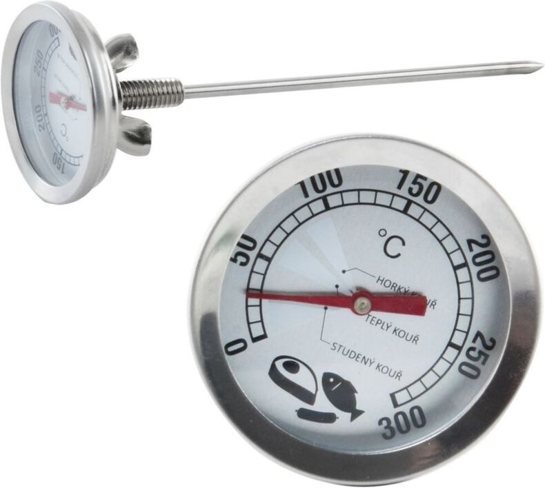 Smoke oven thermometer mounted in door measures 0 300c