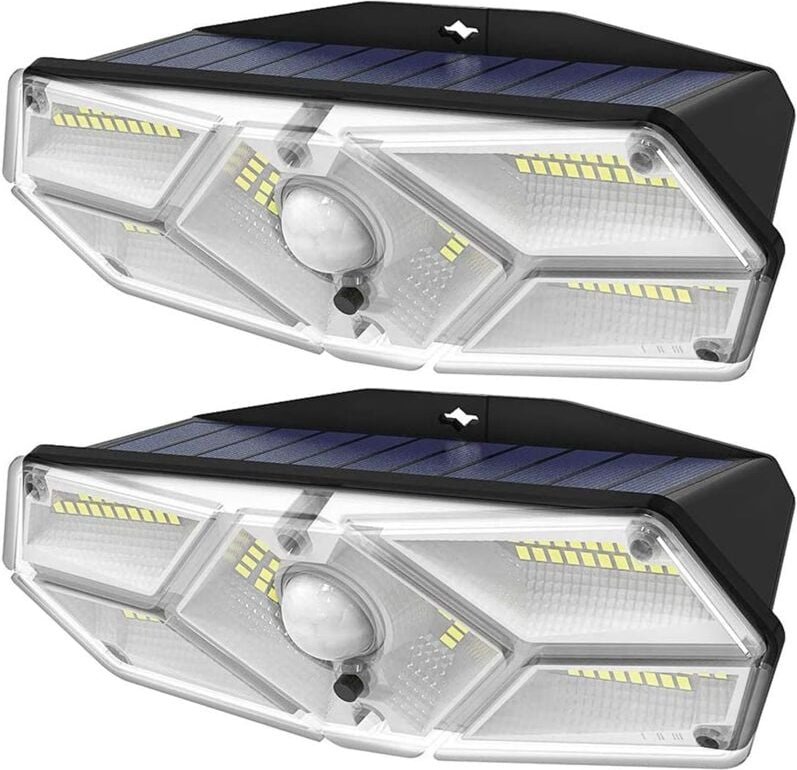 2er-Pack wasserdichte 104-LED-Solarleuchten mit Bewegungssensor, 3 Beleuchtungsmodi, solarbetrieben, 270°, für Garage, H...