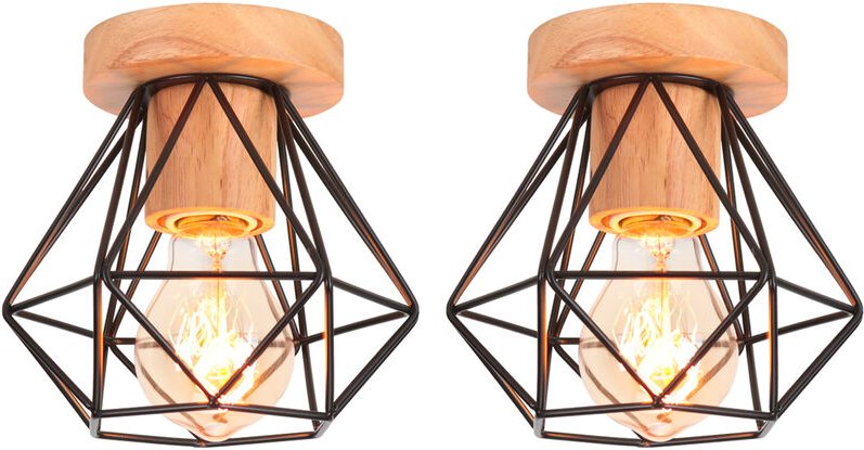 2x Moderne Deckenlampe Metall Hölzern Lüster mit E27 Lampenfassung aus Keramik Deckenleuchte in Rautenform für Schlafzim...