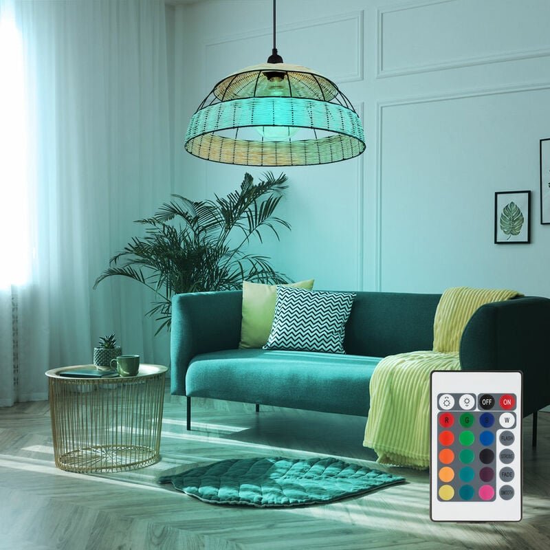 Hängeleuchte Rattan Boho Esstischleuchte Pendelleuchte Retro, Drahtgeflecht schwarz, Fernbedienung dimmbar, 1x rgb led 8...