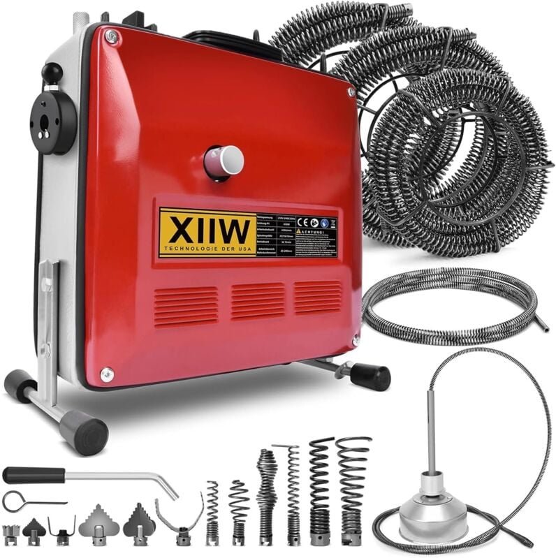 Xiiw - Rohrreinigungsmaschine 850W mit 28m Ø22mm,14.5m Ø16mm, 5m Ø10mm Spirale für Ø20-200mm Rohrleitungen, 12 Köpfe, Ro...