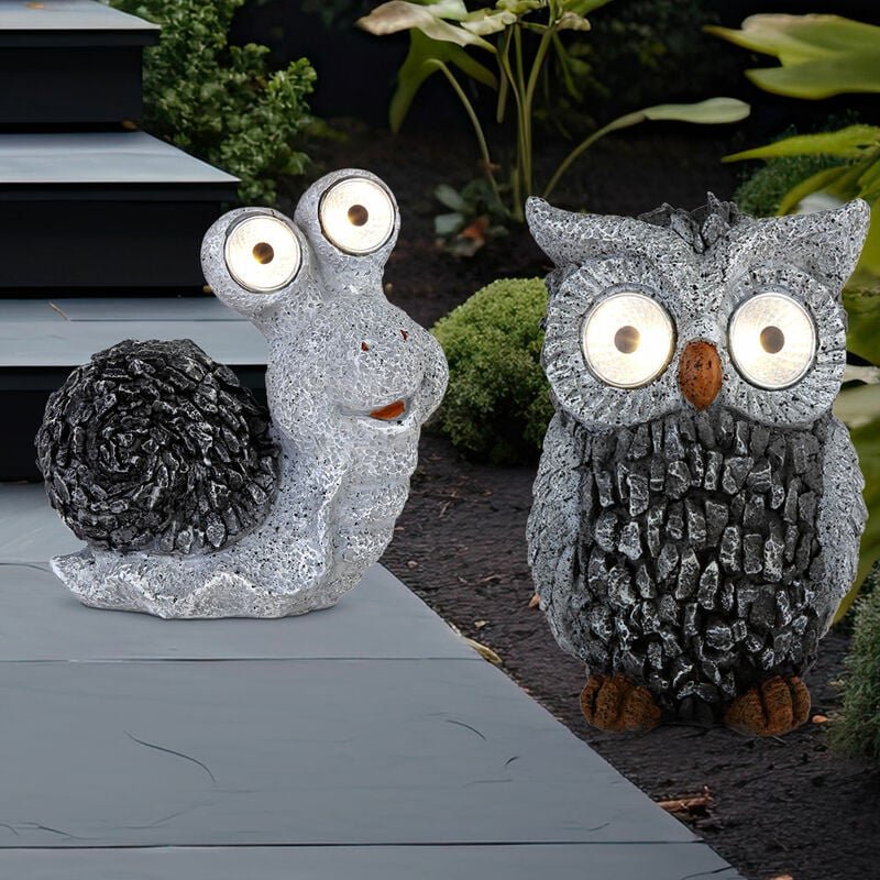 Thumbnail - Solar Gartenskulptur für Außen Gartendeko Schnecke Eule Figur Skulptur grau Akku, 1x Schnecke und 1x Eule, Kunststoff, 2...