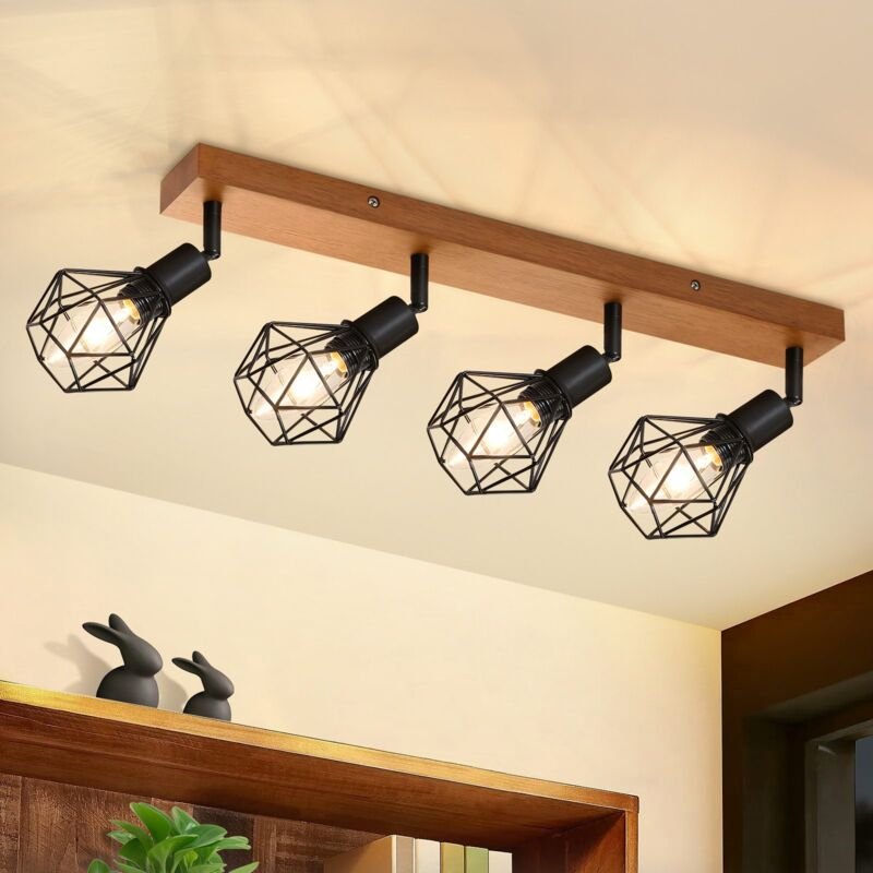 GBLY Deckenstrahler Schwarz 4 Flammig E14 Denckenspots - Holz Vintage Metall Deckenlampe Schwenkbar 350° MAX.25W Innen f...