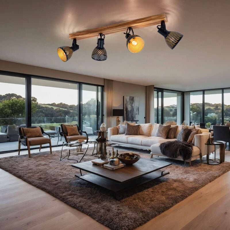 Thumbnail - Globo - Deckenlampe braun goldfarben Deckenspots 4 Flammig Wohnzimmerleuchte mit verstellbaren Spots, Metall Holz, 4x E2...