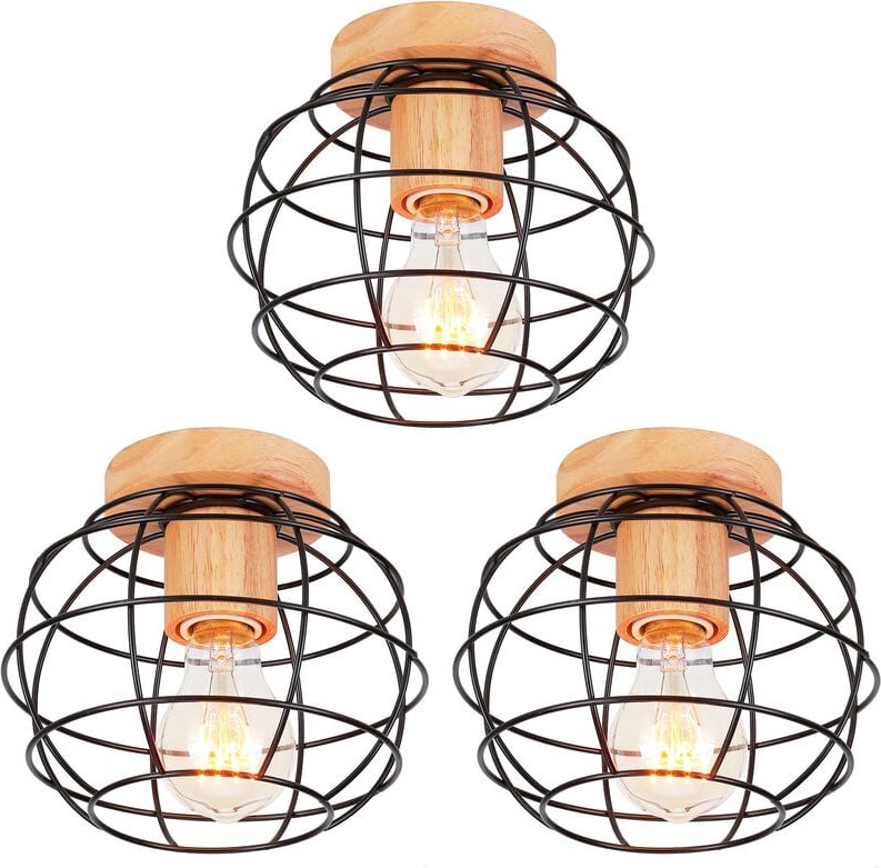 3x Metall Hölzern Deckenlampe E27 Lüster Käfig Design Retro Deckenleuchte für Wohnzimmer Schlafzimmer Café Restaurant Ba...