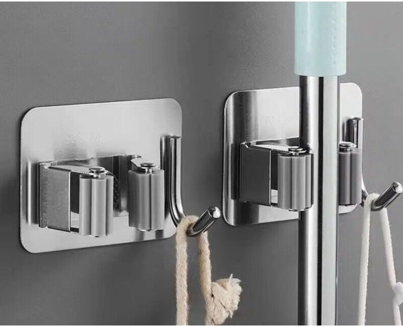 Besenhalter zur Wandmontage (ohne Bohren), selbstklebender Besenhalter mit Haken, Edelstahl-Besenhalter, Werkzeughalter ...