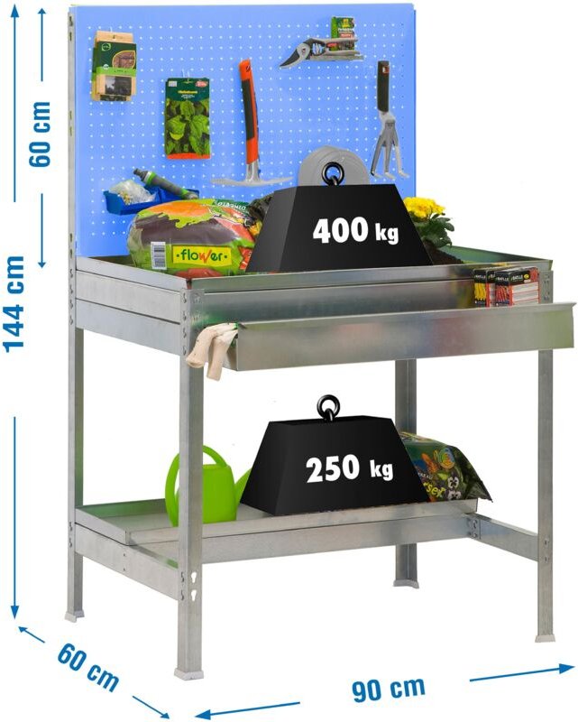 simonrack Metallarbeitsplatte verzinkt mit blauen Akzenten