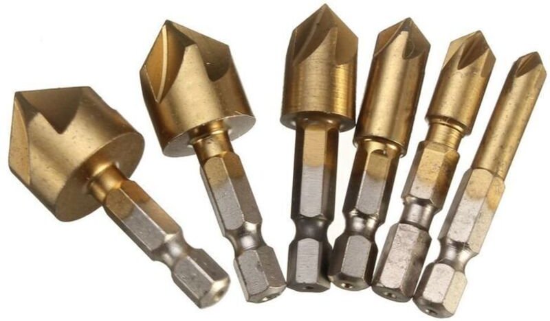 Stück HSS-Senker, 90 Grad, 5 Nuten, Senker, Lochschneider, Titan beschichtet, 1/4 Zoll, Holzbearbeitungsbohrer, Sechskan...