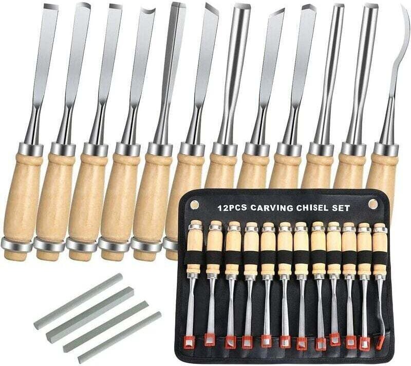 Holzmeißel, 12-teiliges Holzschnitzwerkzeug-Set, Holzabziehmesser mit Holzgriff und Spule, für Anfänger, Bildhauer, Schr...