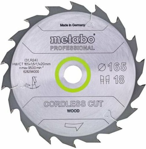Metabo - Sägeblatt cordless cut wood - professional, 165x1,6/1,1x20 Z18 wz 20° (628294000)