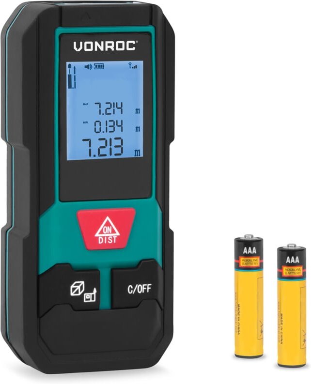 Vonroc - Laser-Entfernungsmesser – Reichweite 20 Meter – Kompaktes Format – Misst Entfernung, Fläche, Volumen – Pythagor...