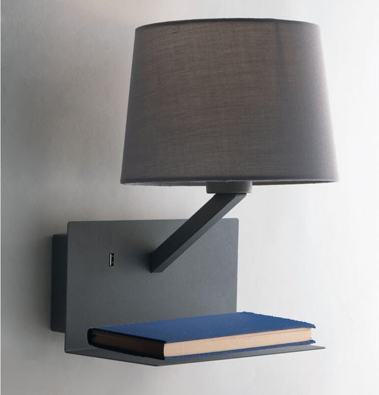 Thumbnail - Eco-light - led Wandlampe Grau mit Stoff Lampenschirm, usb Lampe mit Ladefunktion & Ablage