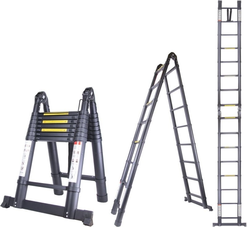 Teleskopleiter aus Aluminium, Schwarze Klappleiter, Ausziehbarer Leiter, maximale Traglast: 150 kg, Silber - 4.4M(2.2+2....