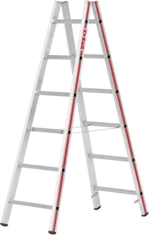 FP - Hymer Sprossenstehleiter, Aluminium, beidseitig begehbar, 2 x 6 Sprossen, Gesamtbreite 535 mm, Reichhöhe 3 m