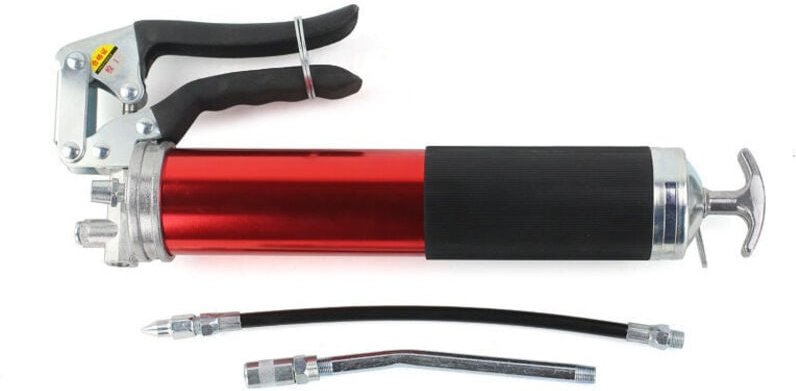 Handfettpresse mit Fettpumpe, passend für handelsübliche 400 g Kartuschen, mit flexiblem Schlauch und starrer Verlängeru...