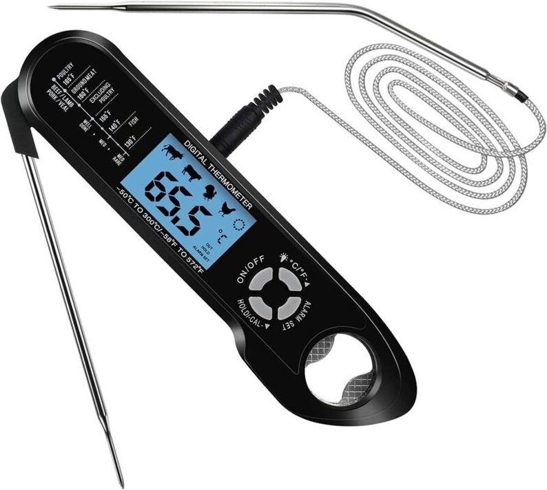 Fleischthermometer, digitales Sofortthermometer mit zwei Fühlern, hintergrundbeleuchtetem LCD-Display, Temperaturalarm u...