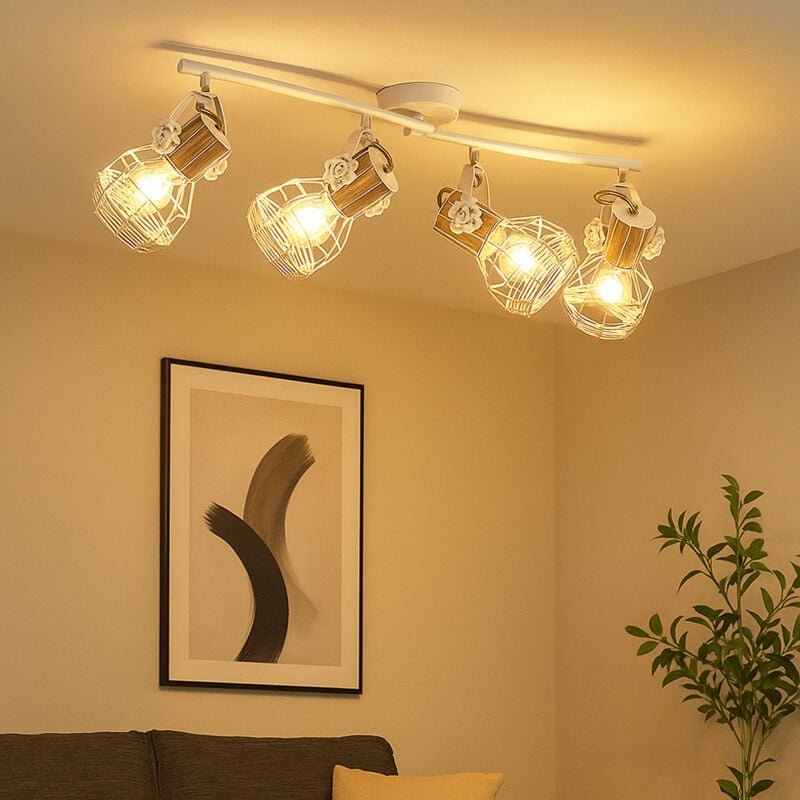 Deckenleuchte Deckenstrahler 4 Flammig Metall Holz E27 Spotbalken 4 Flammig weiss, Strahler schwenkbar, 4x E27, LxBxH 72...