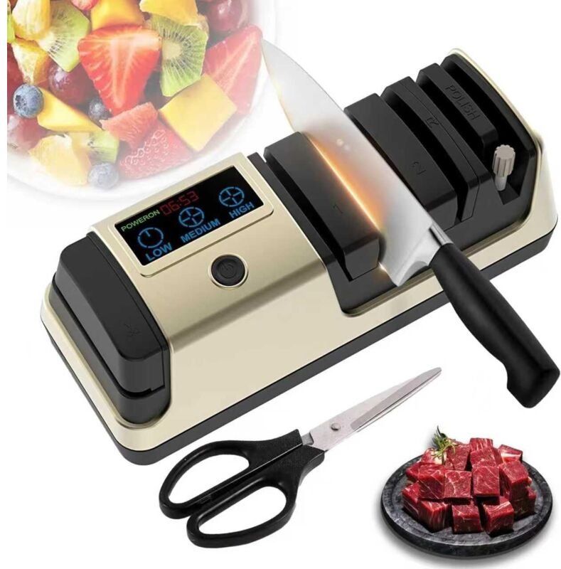 Professioneller elektrischer 5-in-1-Messerschärfer mit LCD-Bildschirm, 3-stufigem Scherenschärfer und 100 % Diamantschle...