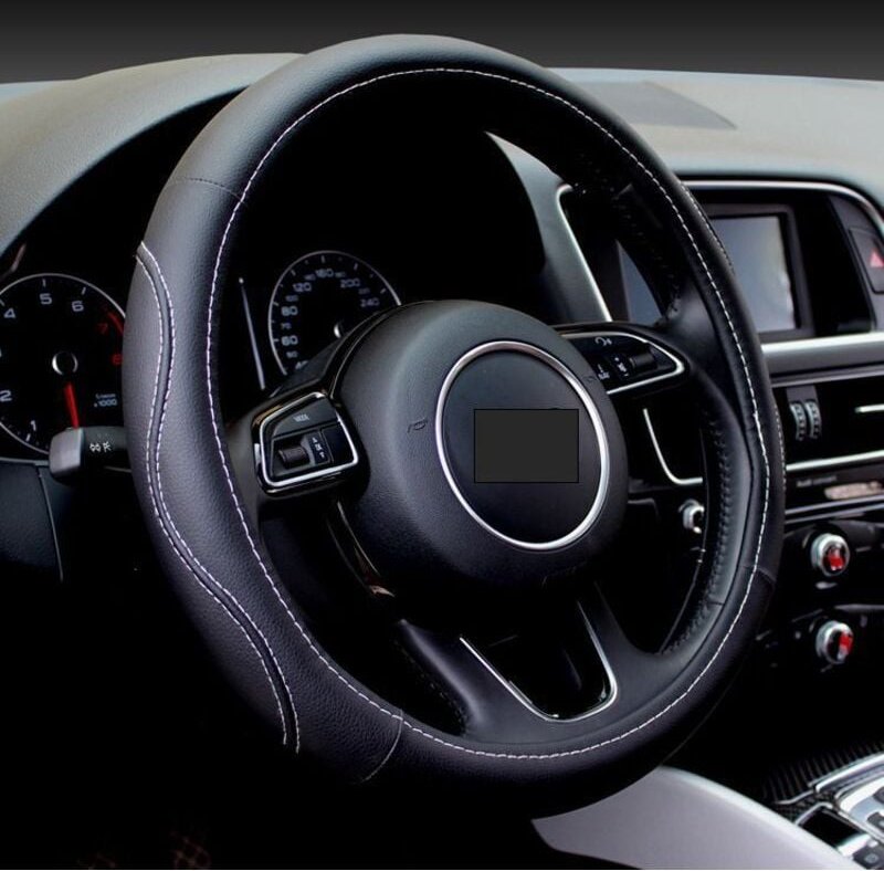 Auto-Lenkradbezug im Sport-Stil, kontrastierend, rutschfest, atmungsaktiv, PU-Kunstleder, 38 cm, rund, weiße Linie