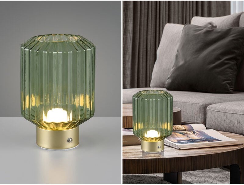 Reality Leuchten - Kleine Akku Tischleuchte lord mit Glas Lampenschirm Grün, Höhe 19cm