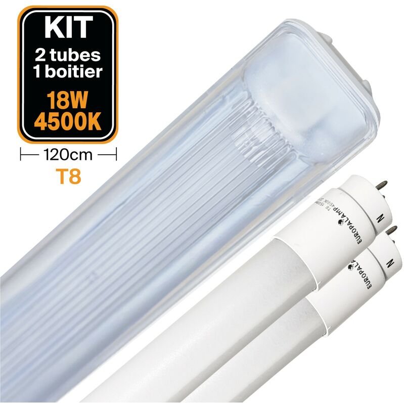 Kit 2 LED-Röhren T8 18W Neutralweiß + Wasserdichtes Gehäuse 120cm