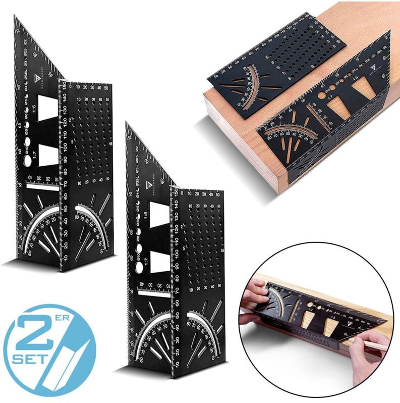 Stahlwerk - 2er Set Gehrungswinkel-Lineal mit Anschlag und Bohrlehre 3D-Winkel Gehrmaß