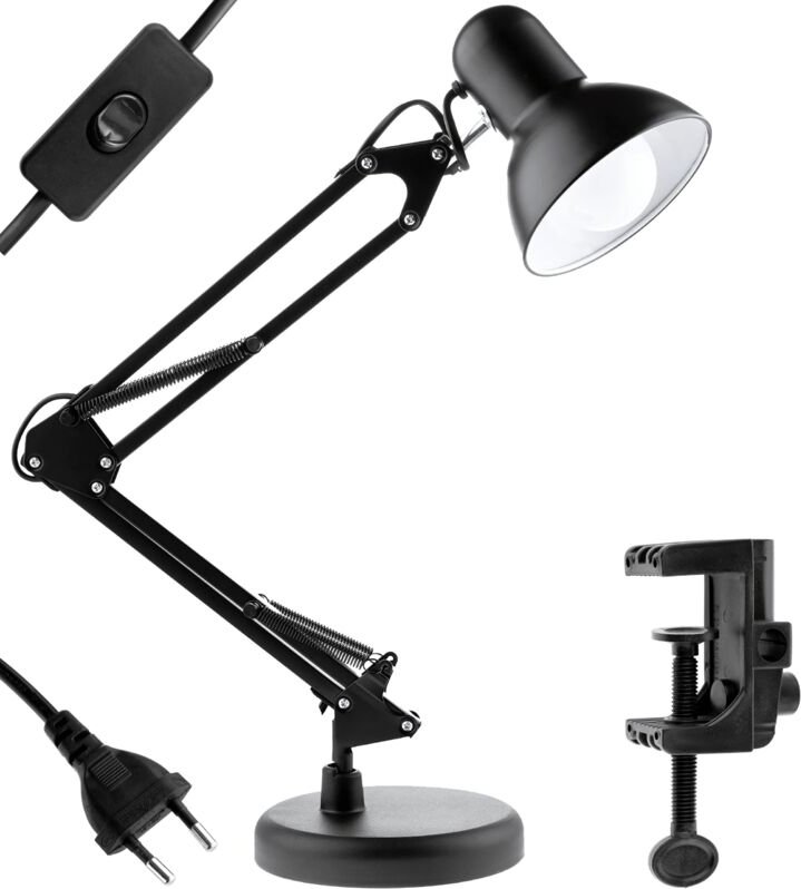 TOBI E27 Schwarze Zeichentischlampe mit Tischhalterung