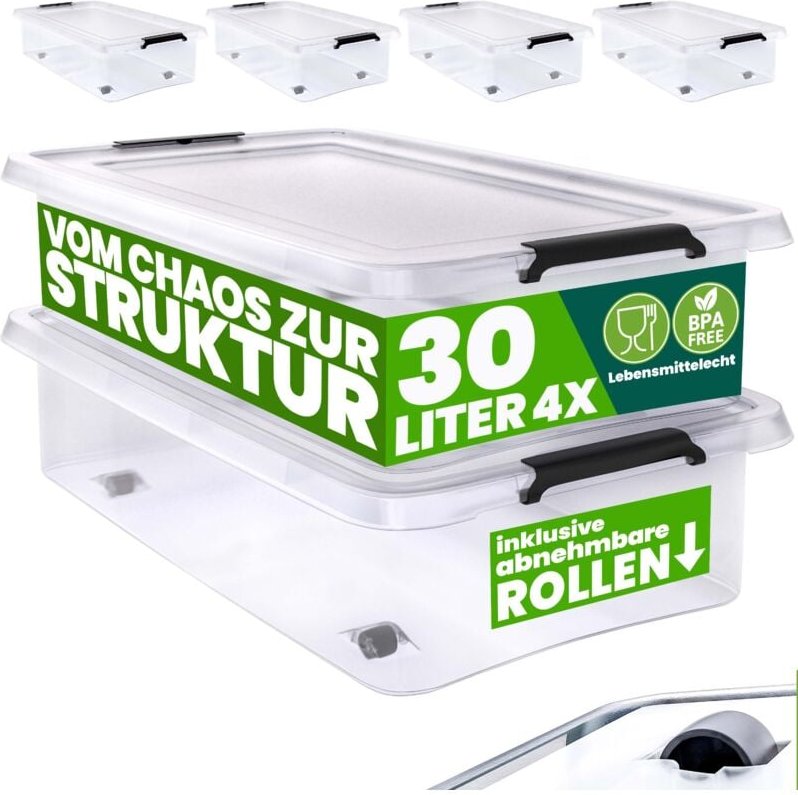 Aufbewahrungsbox transparent Stapelbox Ordnungsbox 30L 60L Deckel aufklappbar stapelbar Rollen bpa frei lebensmittelecht...