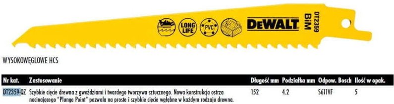 DEWALT Säbelsägeblatt 152 x 4,2 mm S611VF HOLZ MIT NÄGELN, PVC / 5 Stk.