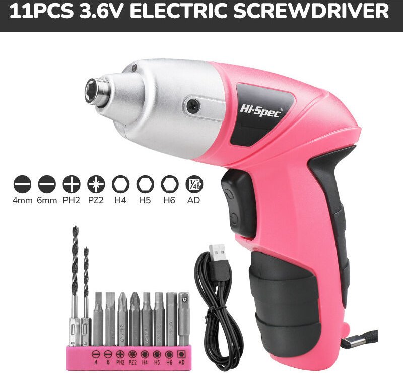 Elektroschrauber 3,6V Rosa 11-teilig - Kleines USB-Elektroschrauber-Set - Akkubetrieben und wiederaufladbar mit Bit-Set