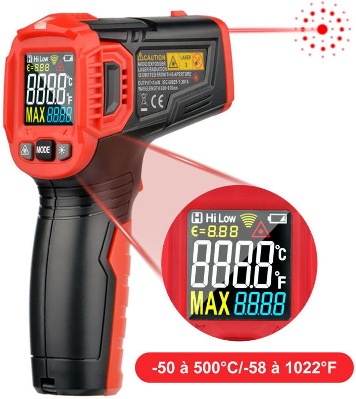 Ultrixe Infrarot-Digital-Laserthermometer, Industrielles Infrarot-Thermometer, -50 bis 500 °C / -58 bis 1022 °F – Hinter...