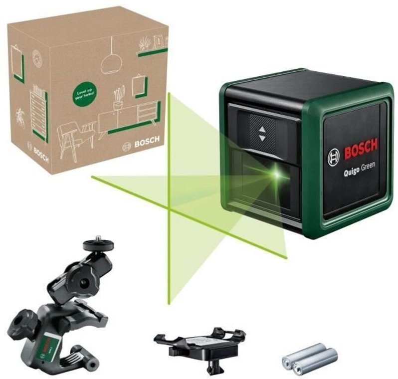 Bosch - Kreuzlinienlaser Quigo Green mit Universalklemme mm 2 (grüner Laser für bessere Sichtbarkeit, Gehäuse aus recyce...