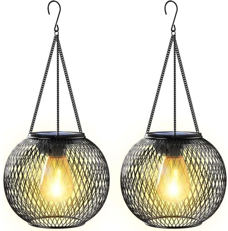 Lanterne Solaire Suspendue 2 Lumières Métal IP65 pour Jardin Balcon Cour Extérieur