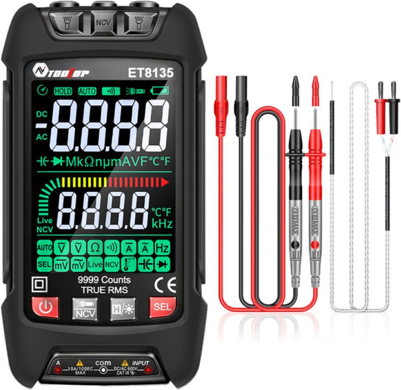 Multimetro digitale a 9999 conteggi, display a colori, rilevamento NCV senza contatto, misurazione professionale di tens...