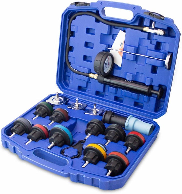 Kfz Kühlsystem Abdrückgerät Druckprüfung Abdrücken Tester Kühler Werkzeug 18 teilig Messbereich 0-2,5 bar, Für alle gäng...